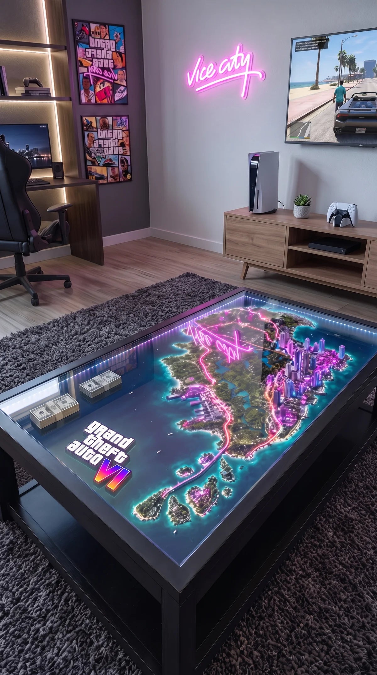 ViceCity – Tavolino da caffè con mappa al neon LED